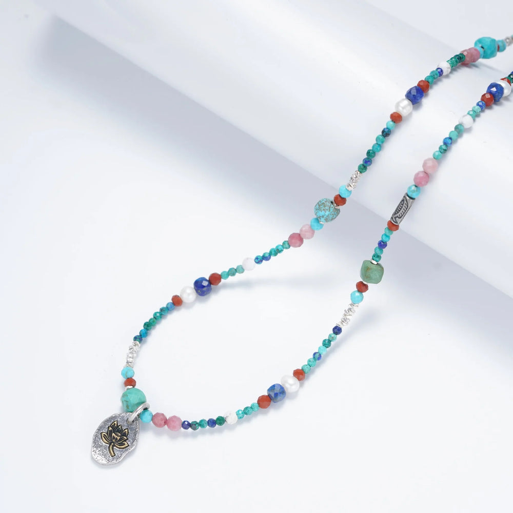 Turquoise Beaded Lotus Pendant Necklace in 925 Sterling Silver - BE FRUITFUL