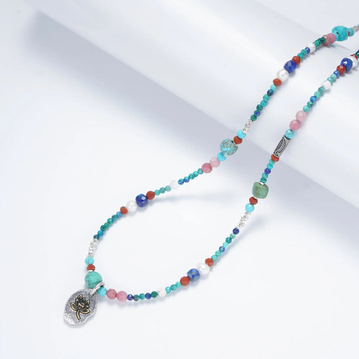 Turquoise Beaded Lotus Pendant Necklace in 925 Sterling Silver - BE FRUITFUL